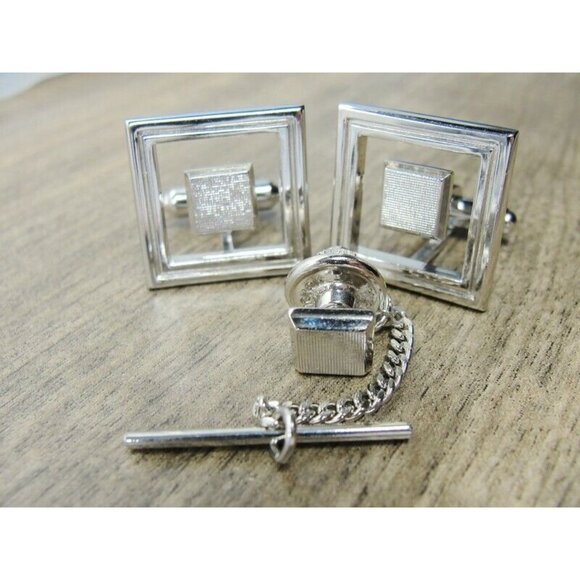 Cufflinks Tie Tac Set Floating Square Silver Tone Tux Suit Vintage - Picture 2 of 8
